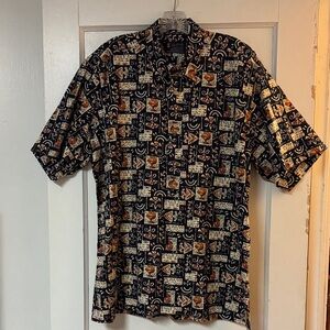Andy Mohan 100% Cotton Hawaiian Aloha Shirt Pocket Black Brown Print Sz XL